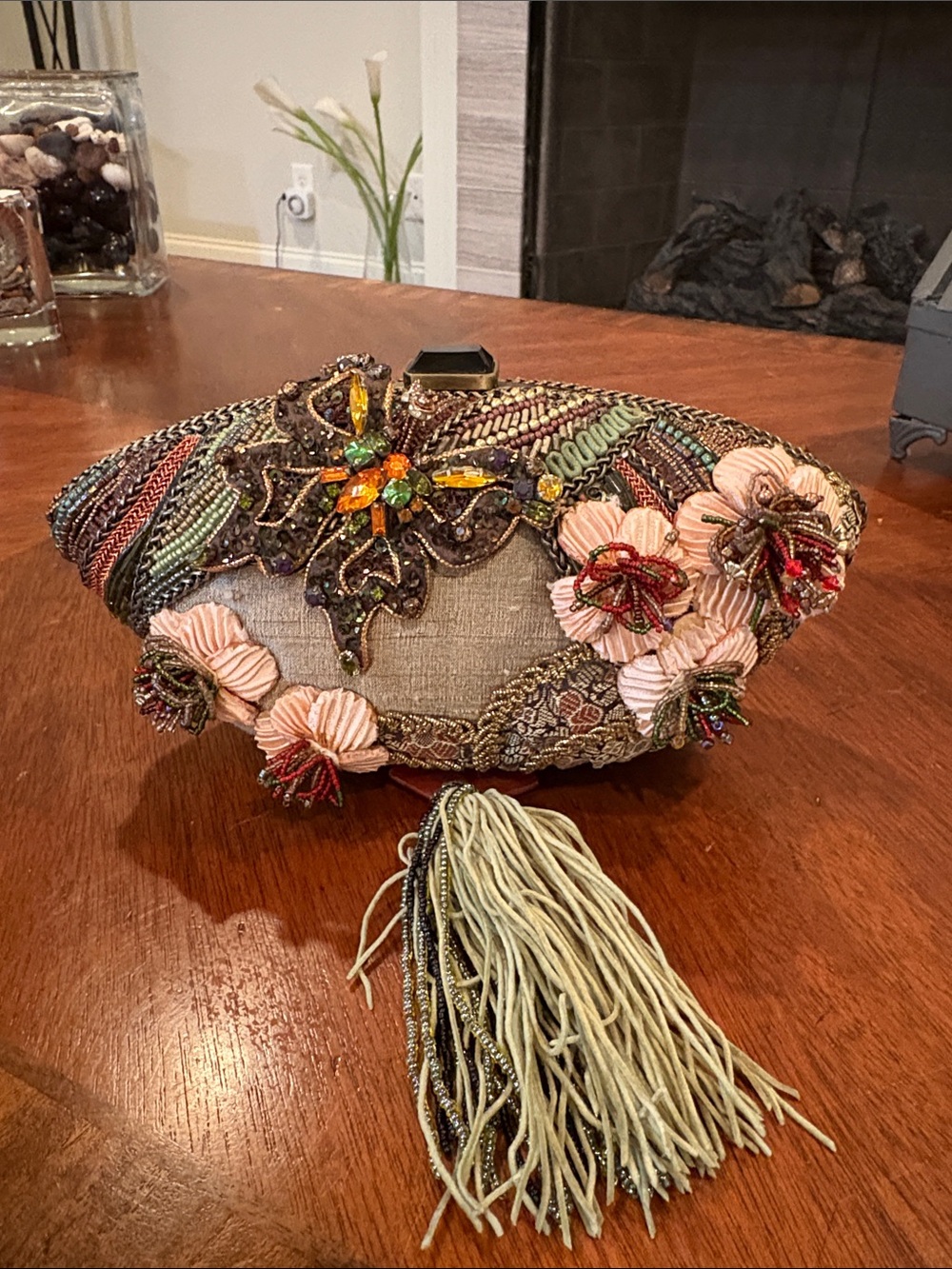 Mary Frances Beaded Floral Clutch in Pink, Green and Gold